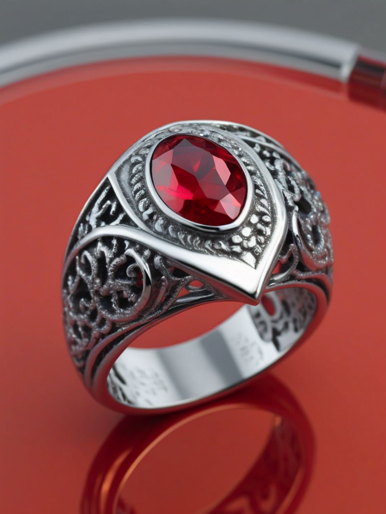 Royal silver ring with ruby, fantasy style, bright red background, rich colors, contrasting light, deep colors, high details