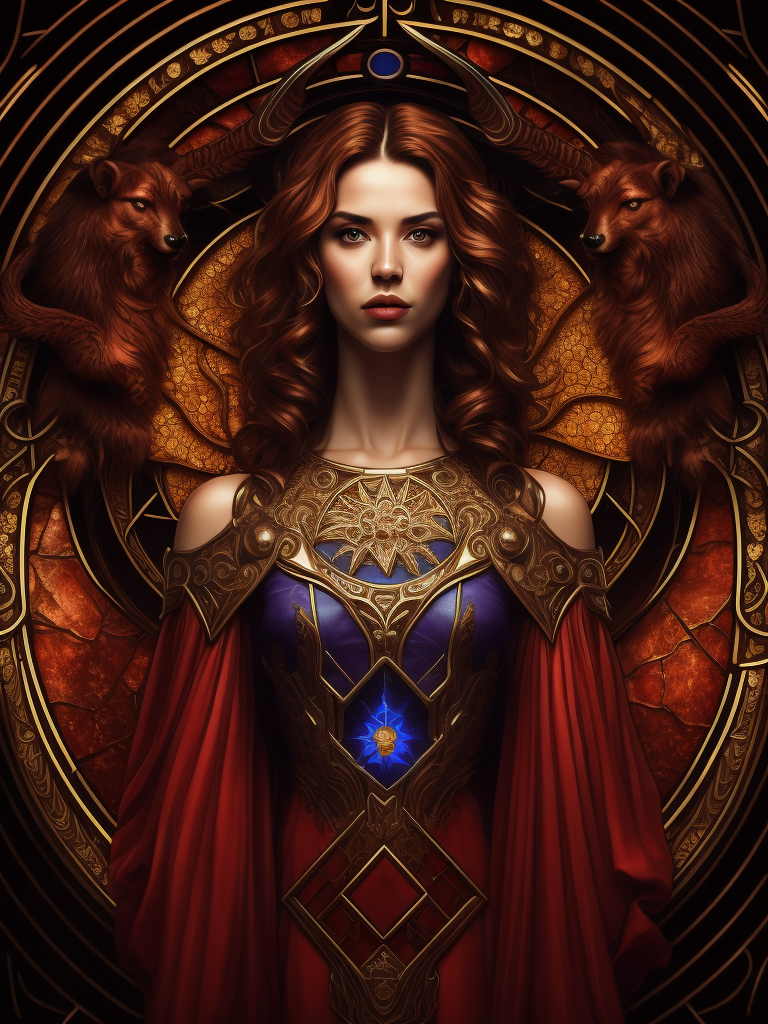 stained glass effect, zodiac sign, aries, woman, beautiful, mystical, reddish background, celestial style