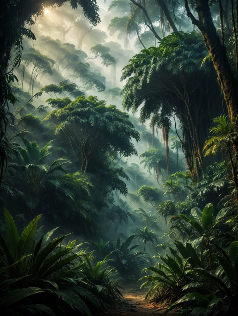 (((digital painting style))) Jungle with misty atmosphere, conceptual ilustration, digital painting effect, Dusan Markovic style, masterpiece, utra quality, extreme details