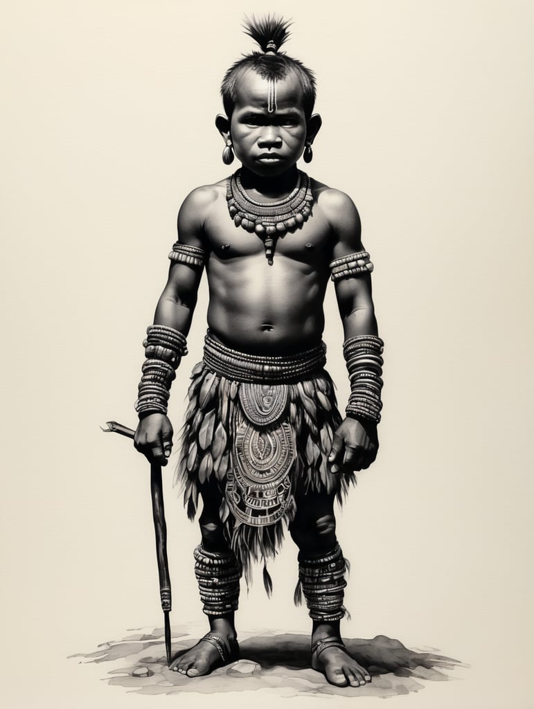 black pen and ink, a full-body portrait of a tribal Pygmy