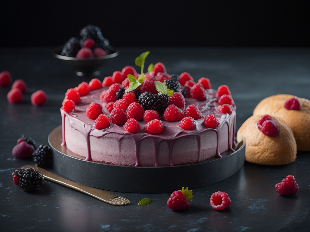 a raspberry and blackberry cake, deep atmosphere, sharp on details