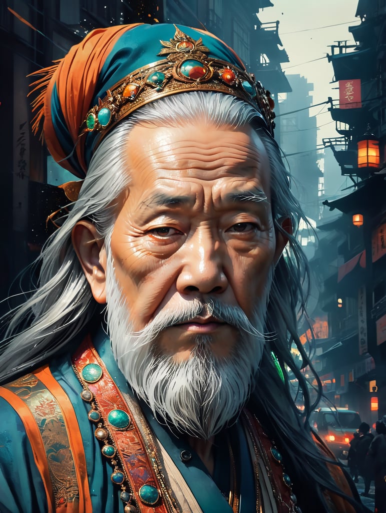 Wise old japanese man from tokyo with a long white beard, intricate, sharp focus, fantasy, cinematic lighting, other worldy, surreal 8k photo, dark moody aesthetic