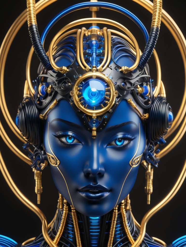matte black and deep blue divine cyborg goddess, gold on black, octane render, translucent, neon wire and tube components, realistically detailed, soft light, evoking, liquid shapes, vibrant color palette, biotech
