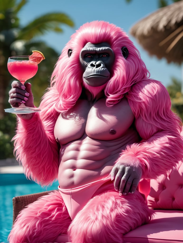 a pink gorilla with long pink hair and a big pink cocktail in her hands lounging on a stylish daybed next to a stylish pool on a sunny summer day