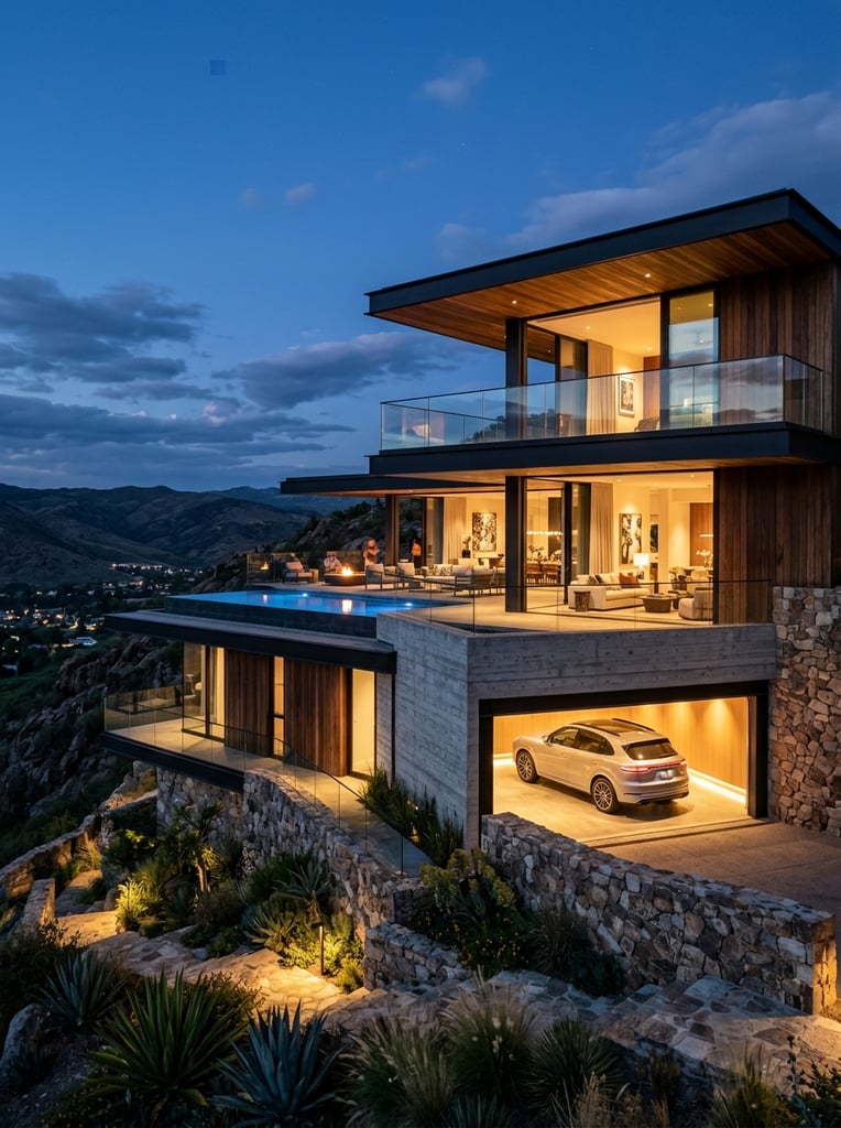 contemporary luxury villa at twilight, cantilevered flat roofs, warm glowing interior lighting against a deep blue sky, wood paneling, glass balconies, hillside foundation with rustic stone walls and exposed concrete, open garage illuminating a parked silver SUV, horizontal lines, photorealistic architectural rendering
