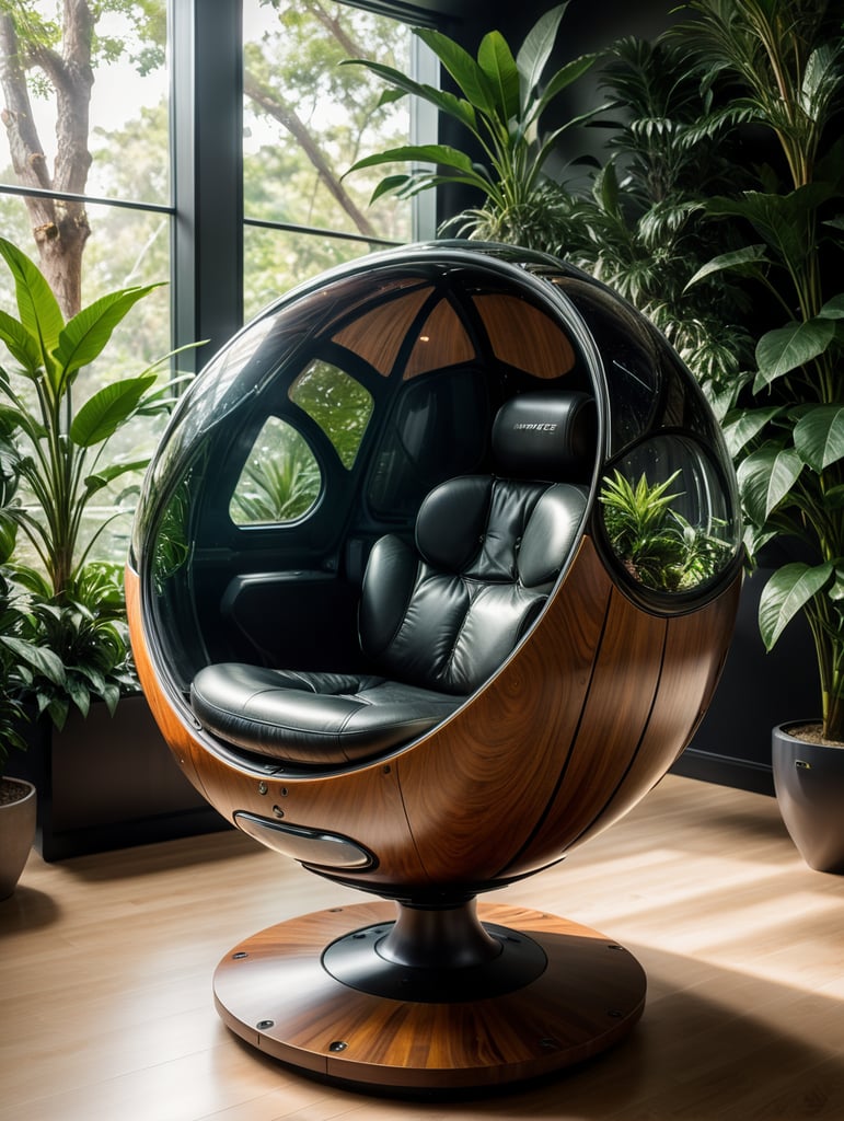 Futuristic sci-fi pod chair, flat design, product-view, exclusive photography, transparent orb, natural lighting, plants around, natural daytime lighting, natural wooden environment