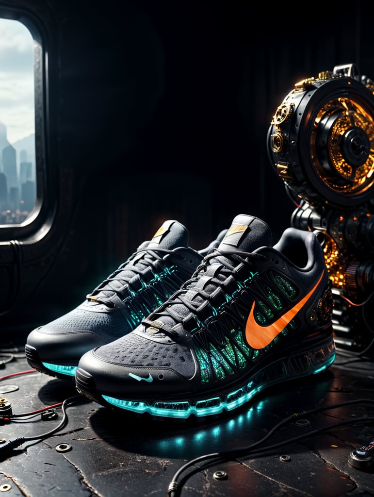 Nike sneakers made out gears, wires, mechanical, electronics, pcb, hyper-realis, futurist, stunning unreal engine render, product photography 8k, hyper-realistic. surrealism