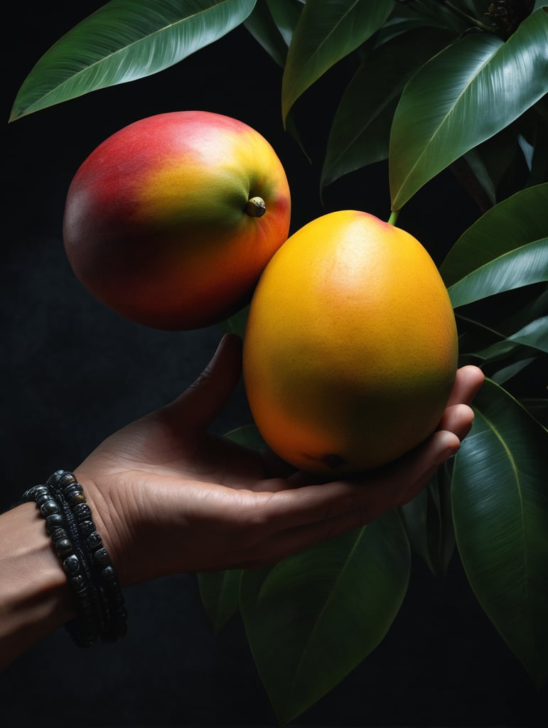 a hand holds a mango with a tropical flowers