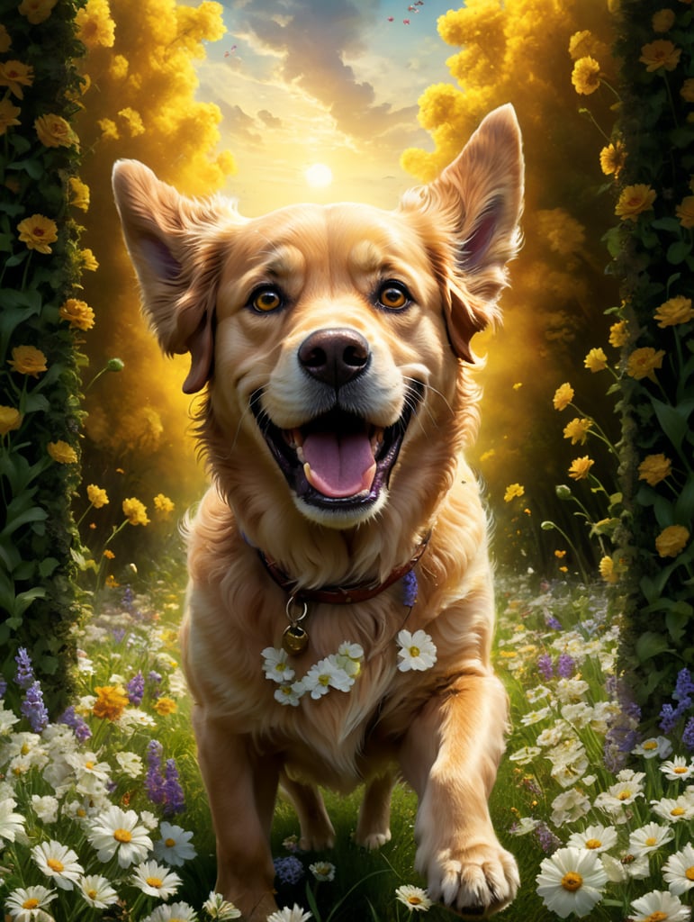 disney pixar movie poster with title'phi', a golden golden retriever with deep brown eyes with longer legs running in a field of flowers