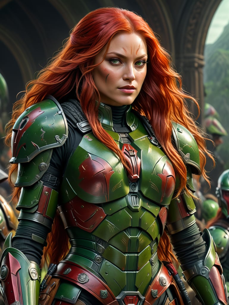 Long Red haired female miraluka mandolorian in green armor