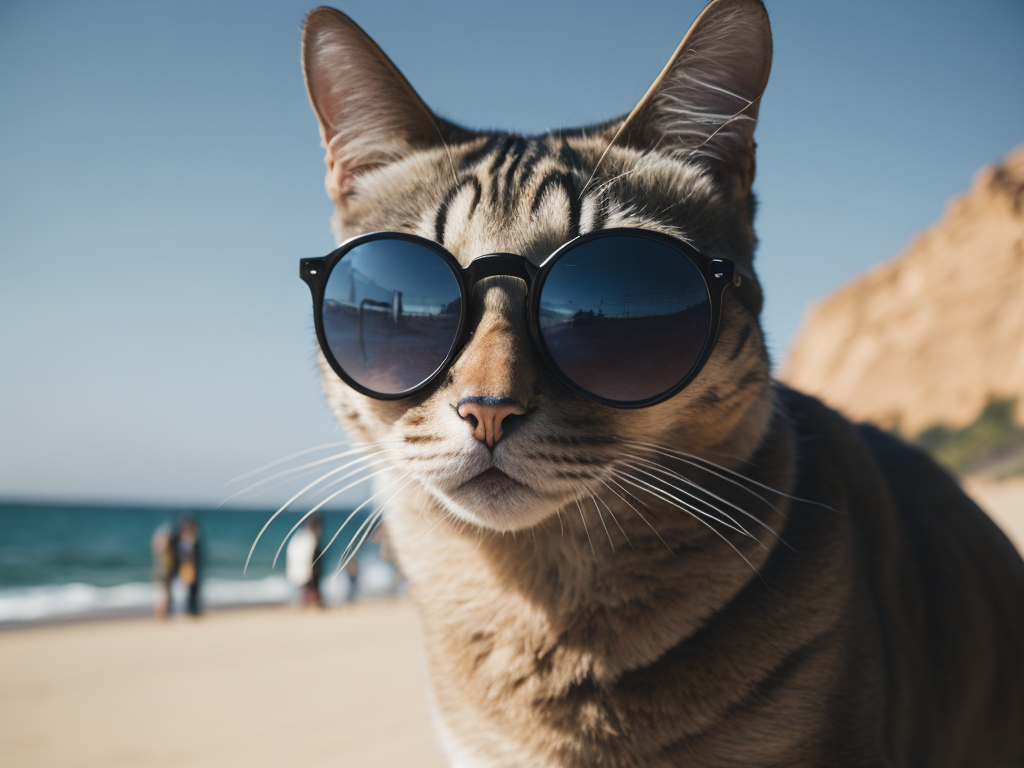 Cool cat hanging at the beach in sunglasses. Summer kitty by the sea. Sunbathing pet in shades. top