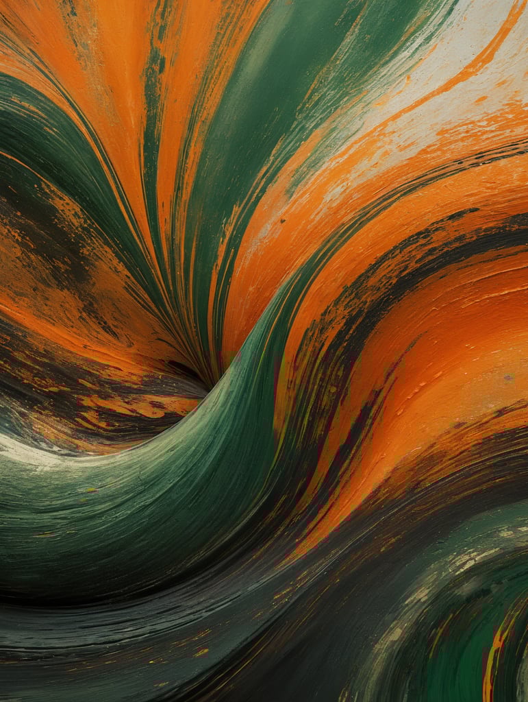 Abstract swirling patterns of green and orange hues blending seamlessly, creating a vibrant and dynamic visual. Use these captivating paint textures as a foundation for your brand's supporting backgrounds, exuding a sense of creativity and fluidity. The view from the top offers a unique perspective, capturing the essence of liquid movement and energy
