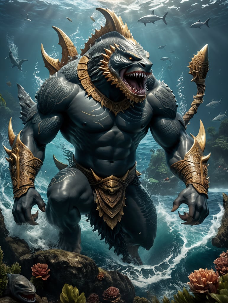 Fijian water god depicted as a shark god or a shark-human hybrid. He is often visualized as a muscular, fearsome warrior with shark attributes who protects fishermen and brings good luck to the Fijian people. Dakuwaqa is also said to have the ability to shape-shift between a shark and a human form, showcasing his strength and supernatural powers. He is said to engage in battles with other sea gods and to have a fierce, protective nature, safeguarding the people of Fiji from dangers at sea.