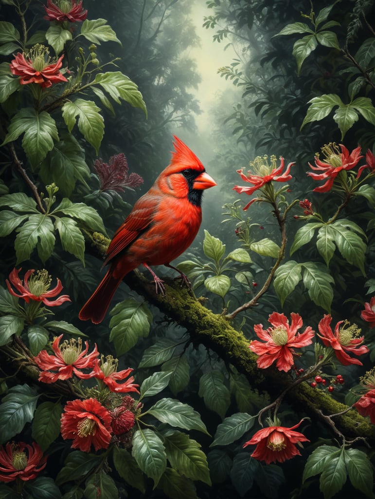 An Edwardian botanical oil painting, illustration of a red cardinal bird on a branch surrounded by flora and fauna