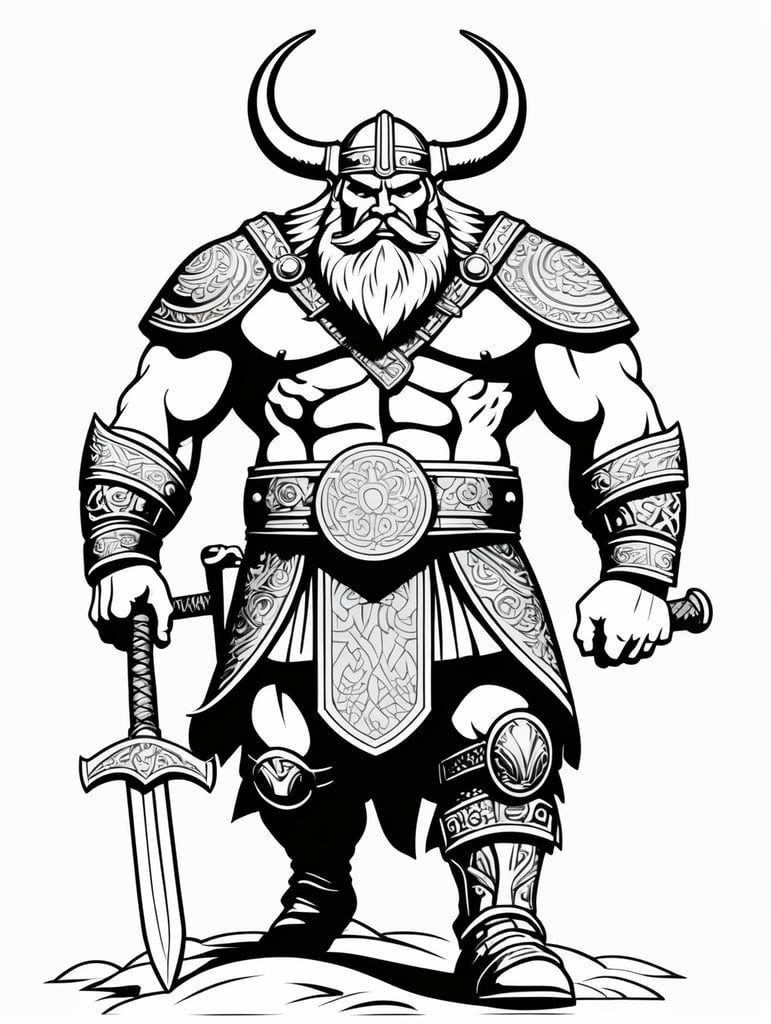 a giant viking , in the style of simple line art vector comic art on white background