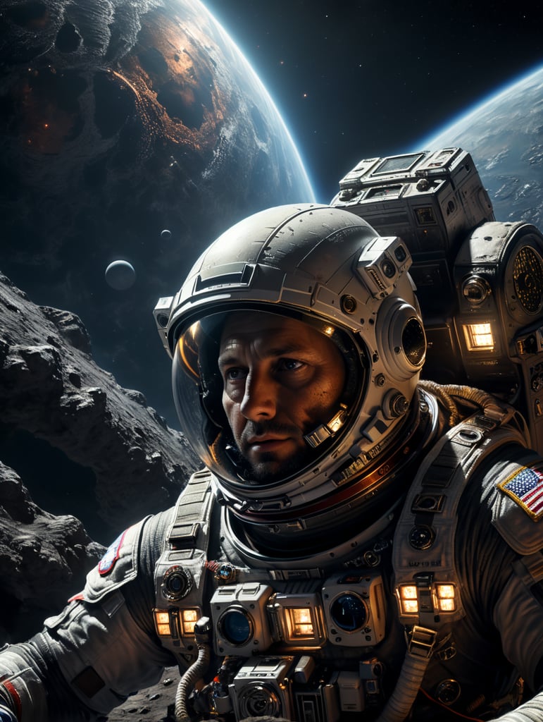 astronaut står omringet af træer om natten det er et skarpt lys, fra en ufo der er styrtet ned i baggrunden