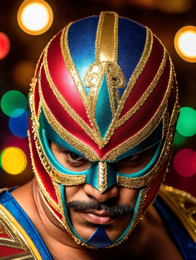 Portrait of a masked mexican wrestler, Vivid saturated colors, Contrast color, studio photo, professional photo, Rich colors, Detailed image