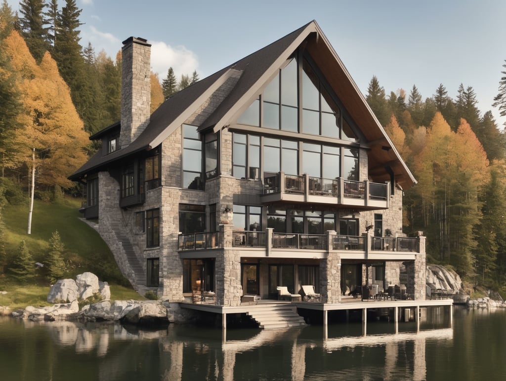 cottage on a lake. big windows. has covered balcony. is two floors