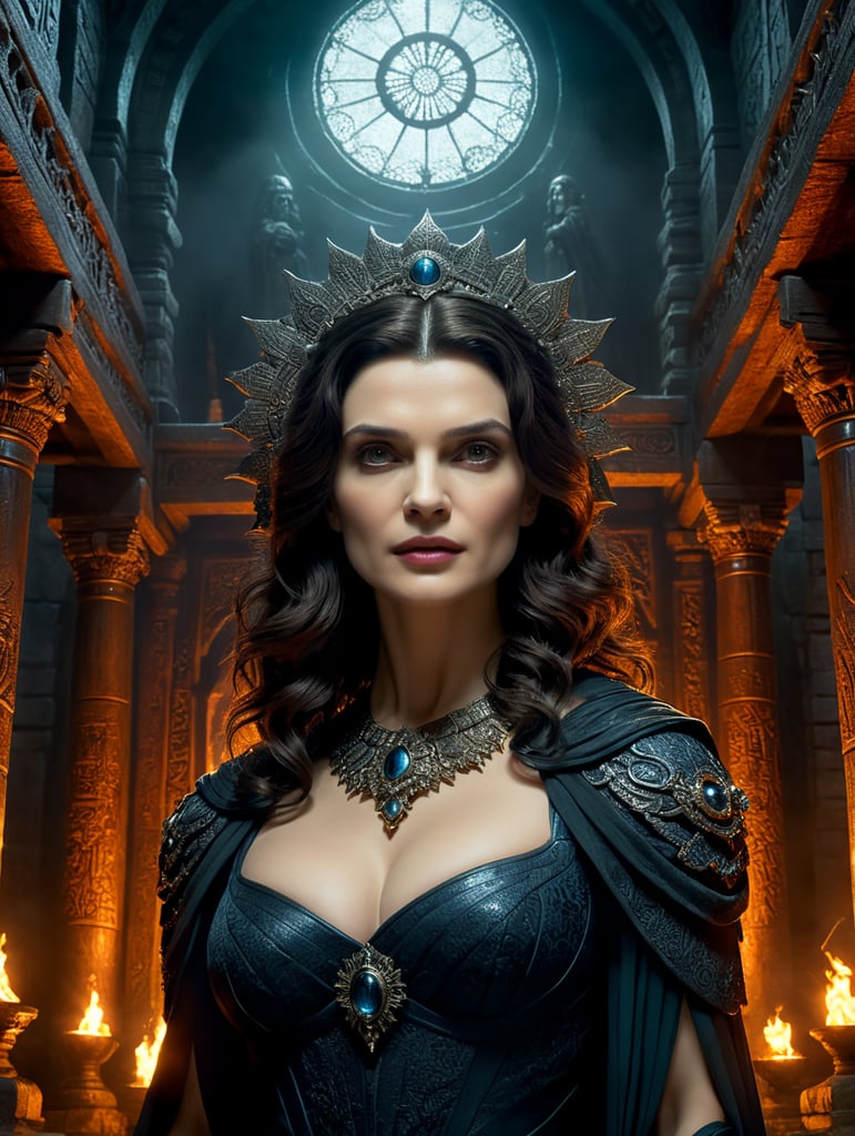 By Neil Gaiman and Guillermo del Toro, visualize Rachel Weisz as a mystic seer, unveiling otherworldly prophecies in a haunted, ancient temple on Halloween night, eerie, mystical, Halloween, cinematic photography, action shoot, movement, epic, high definition
