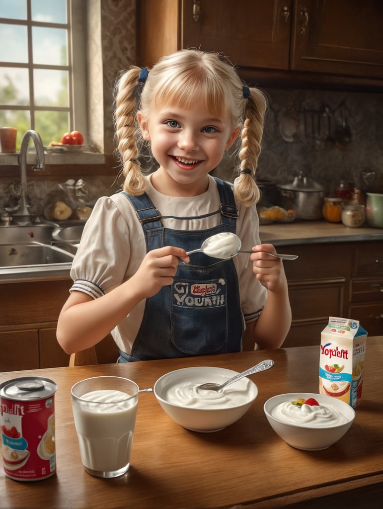 Happy cute 8 year old blonde girl with 2 pigtails eating a yoplait yogurt with a spoon at a table in an 1970s style kitchen