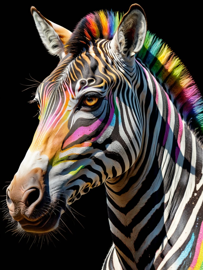one zebra close-up on a black background, multicolored, hologram, front view, design, in the style of naive art, pastel colors, vector graphics, bokeh, digital painting, soft lighting, black background