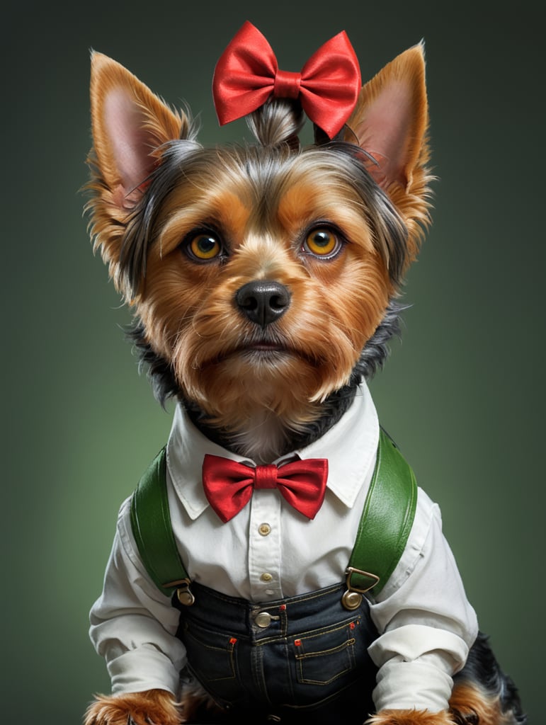 собака йоркширский терьер женского пола с серой шерстью, черными глазами,коричневым носом и бантиком на голове. собака на руках у девушки с красным каре, зелёными глазами, бедной кожей, одетой в чёрные джинсы и белую рубашку