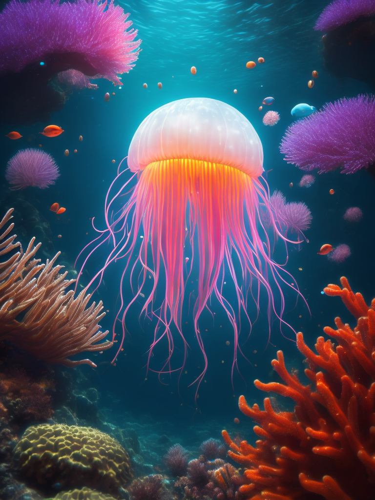 Neon jellyfish swimming in the sea against the background of corals and marine fauna, ultra realistic, super highly detailed,