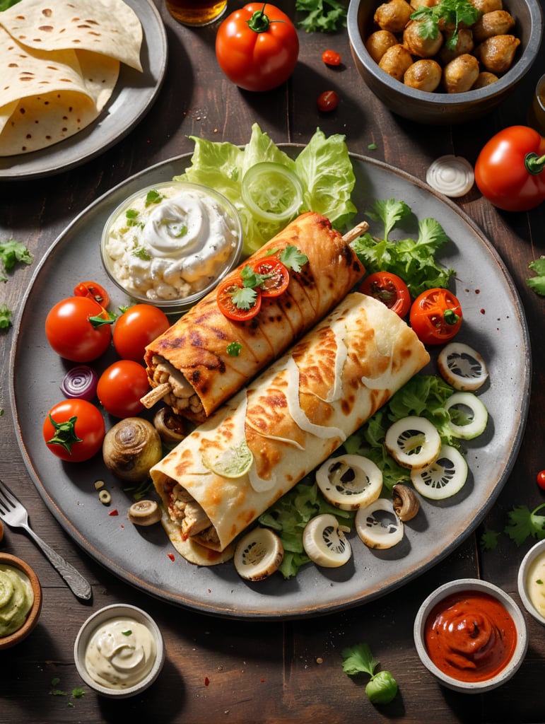 Cordon. Marinated chicken fillet fried with onions, champignons, bell peppers, wrapped in freshly prepared branded lavash with sauces, Mozzarella cheese, cherry tomatoes, pickled cucumbers, Iceberg lettuce. The side dish is served rustic potatoes with a special nut sauce, a glass of beer