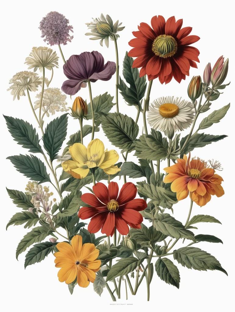 different types of psychedelic flowers, botanical illustration, white background, style of Pierre-Joseph Redoute