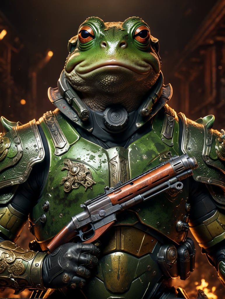 frog in doomguy armor with a shotgun in his hands