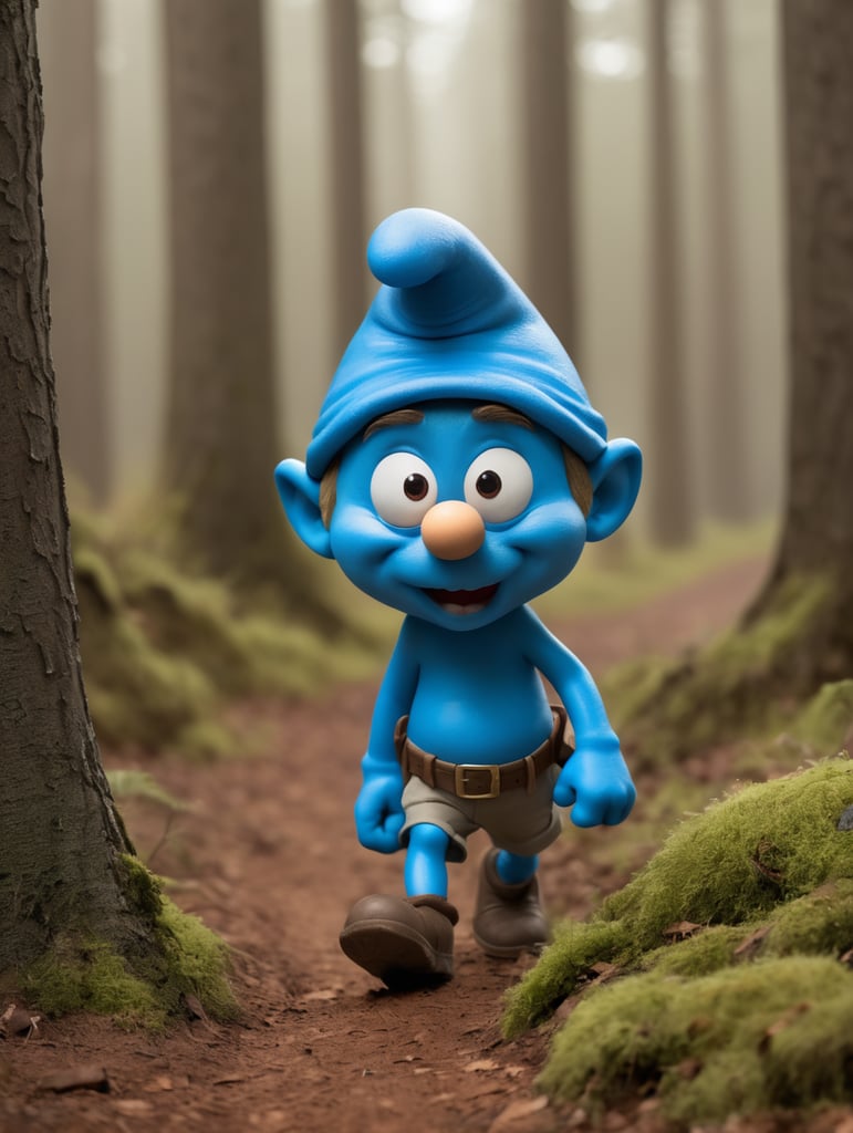 smurf grumpy face walking in beautiful forst