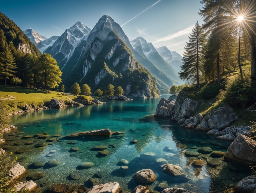 surreal place, similar to the landscapes of Switzerland, beautiful and beyond comprehension. crystal clear water, incredible and beautiful nature, radiant sun, cinematic, lots of details