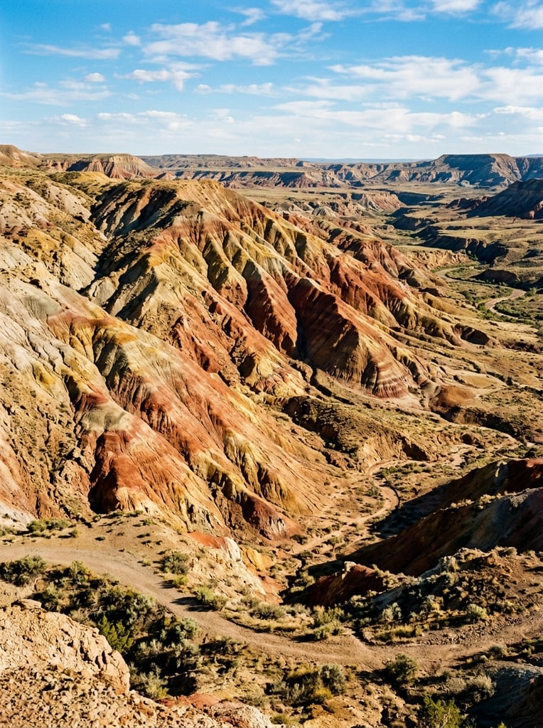 vibrant rolling badlands, striking geological strata, diagonal ridges of deep red, rusty orange, yellow and pale gray earth, eroded gullies, strong sunlight, sharp shadows