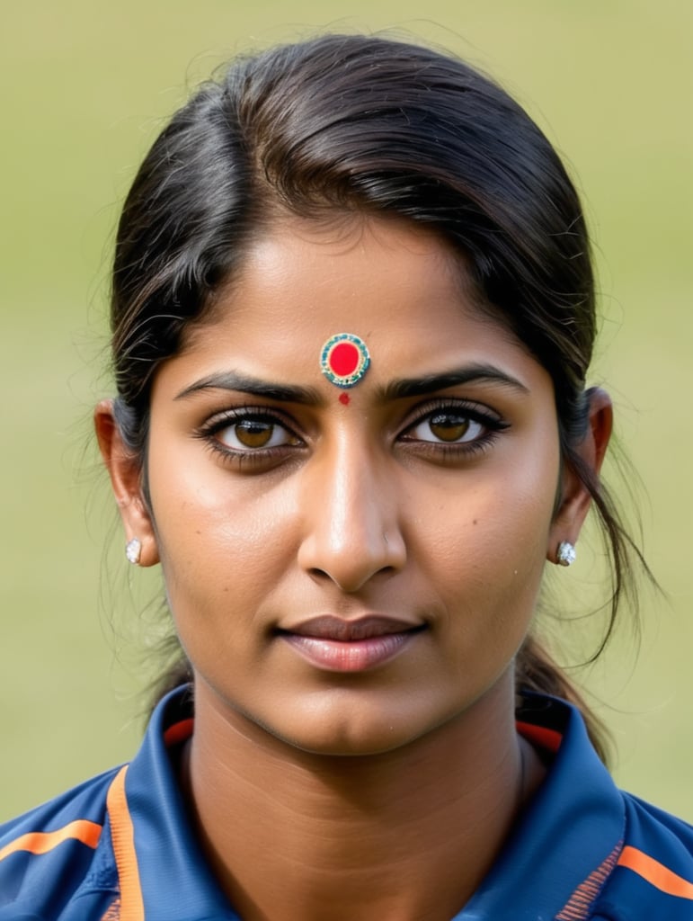 Mitali Raj, Indian cricketer - Abstract form, bold fast patch work colors, full patch colur work technique portrait side face, no make up, natural style of face & hair, no bindi