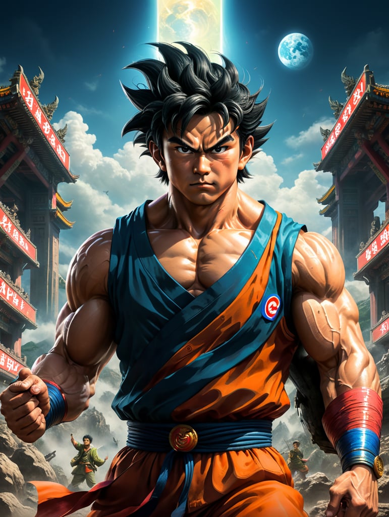 A north korean-style propaganda poster showing an adult Son Goku, alone, asking the viewer, in English "borrow me your energy today". At the foot of the poster it reads "the Genki-dama is all of us, do your part to save Universe 7" in Cyrillic-looking latin characters.