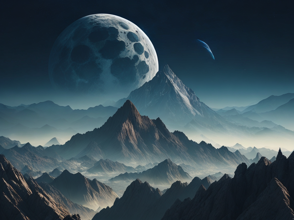 silver futuristic mountain with yellow sky and blue moon, art style, science fiction background