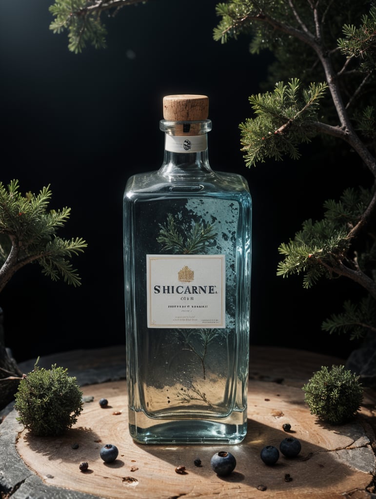 professional photography of a square gin bottle, square bottle, surrounding a juniper and juniper berries, one shot of gin in a front, no label, clear, mockup