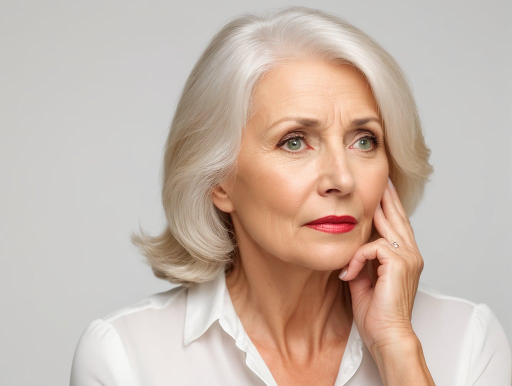 Blonde middle aged woman ponders on something keeps hand near face, white hair, white blouse, mature women, pretty old women, isolated, white background