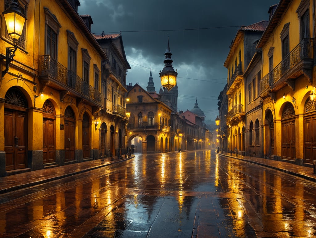 Old beautiful city after rain, yellow street lights fading away, rain water over the roads, beautiful top street view, aesthatic vibes, midnigh vibes, empty roads and yellow street lights, high quality high definition image, highly realistic aesthatic and viby