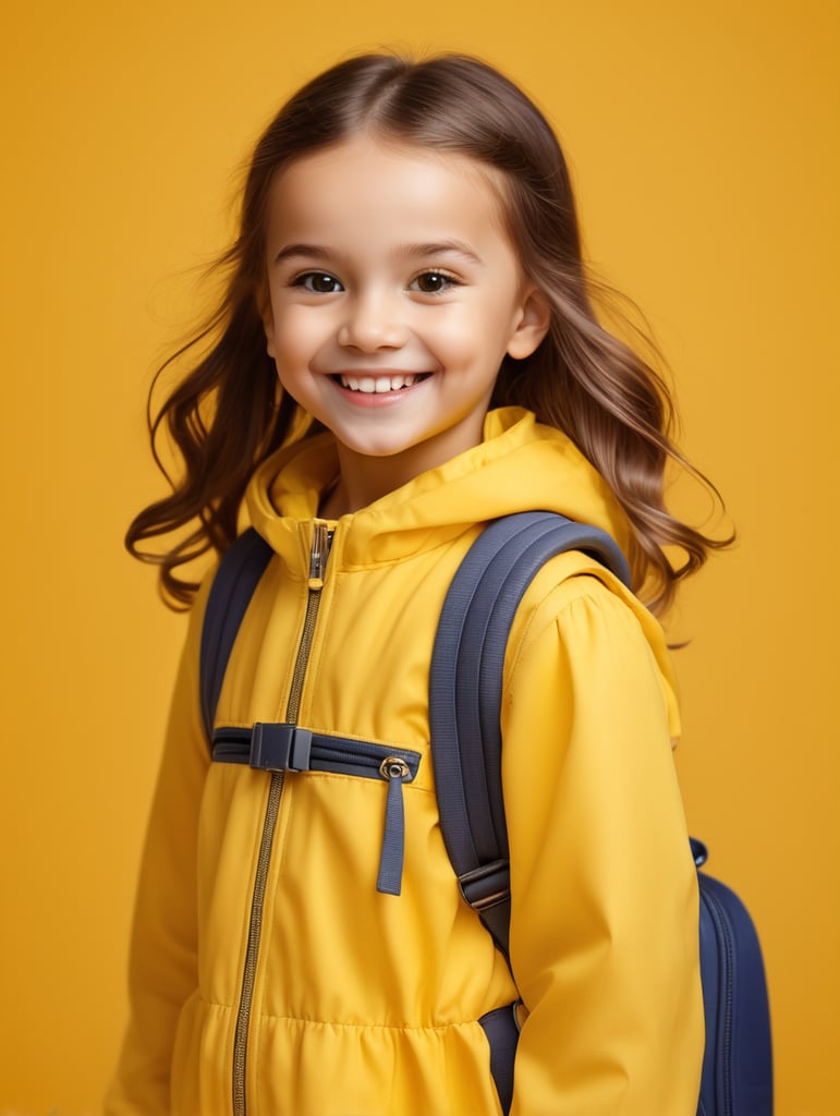 photo happy little girl going to travel, cute girl, dressed in all yellow, yellow background, harpers bizarre, cover, headshot, hyper realistic