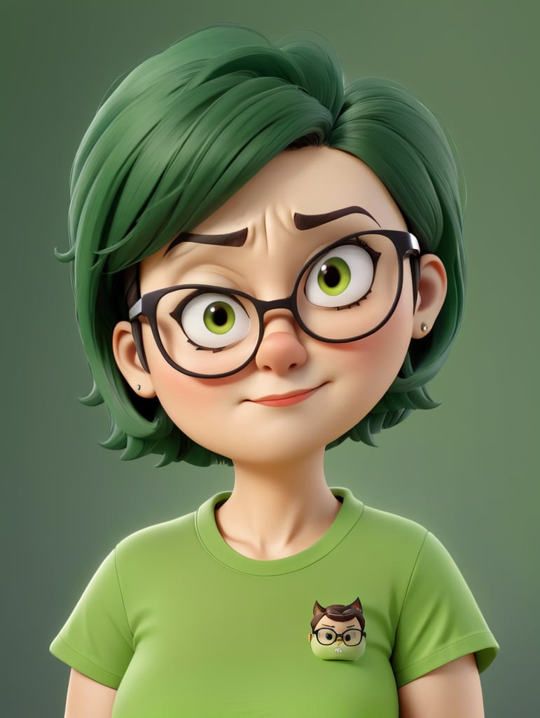 a women with short hair, wearing reading glasses, angry face, green t-shirt, torso