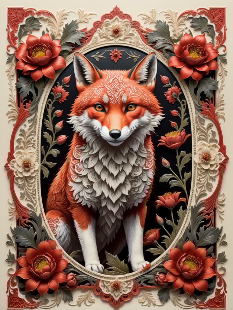 duochrome ink red on cream letterpress print of folk fox and flowers ornate frame design, empty space in middle for text, in the style of william morris