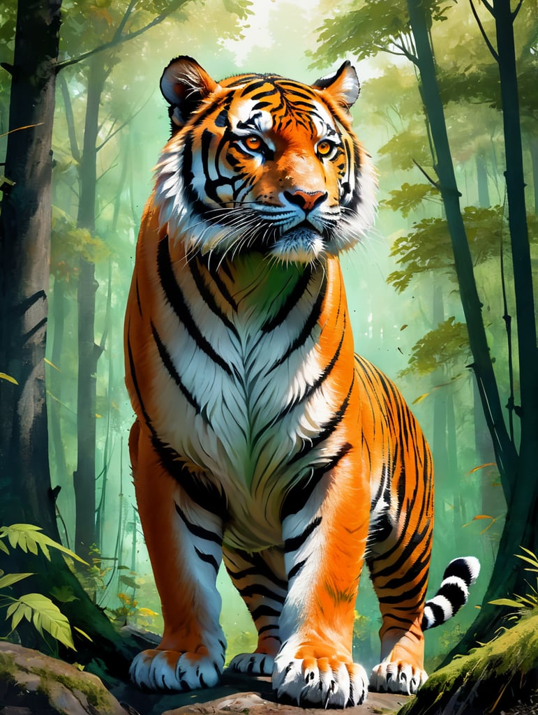 high quality, exquisite, breathtaking tiger in its natural habitat, vibrant orange and black stripes, piercing eyes, sleek and muscular physique, detailed fur texture, lush green forest background, captivating presence, dynamic pose, seamless integration into the environment