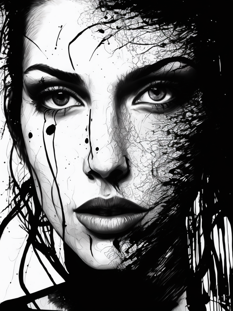 A black and white drawing of a woman's face, inspired by Pollock, tumblr, modern european ink painting, art of alessandro pautasso, trending artistic art, intense moment, platon, penned with black on white, wispy ink horror