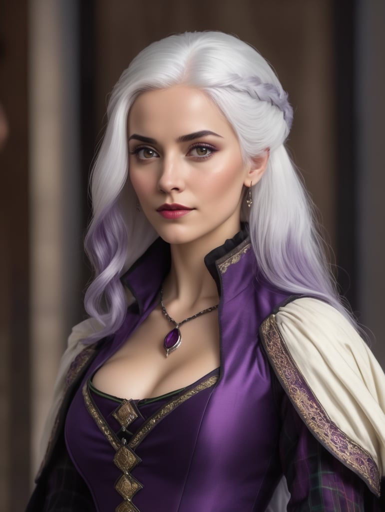Black haired woman, one strand of white hair like rogue from marvel, 16th century, wizard, purple tartan gown renaissance style strong female character