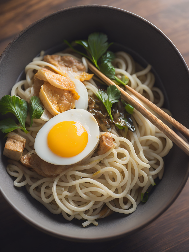 ultra detailed japanese ramen, chopsticks, egg, steam