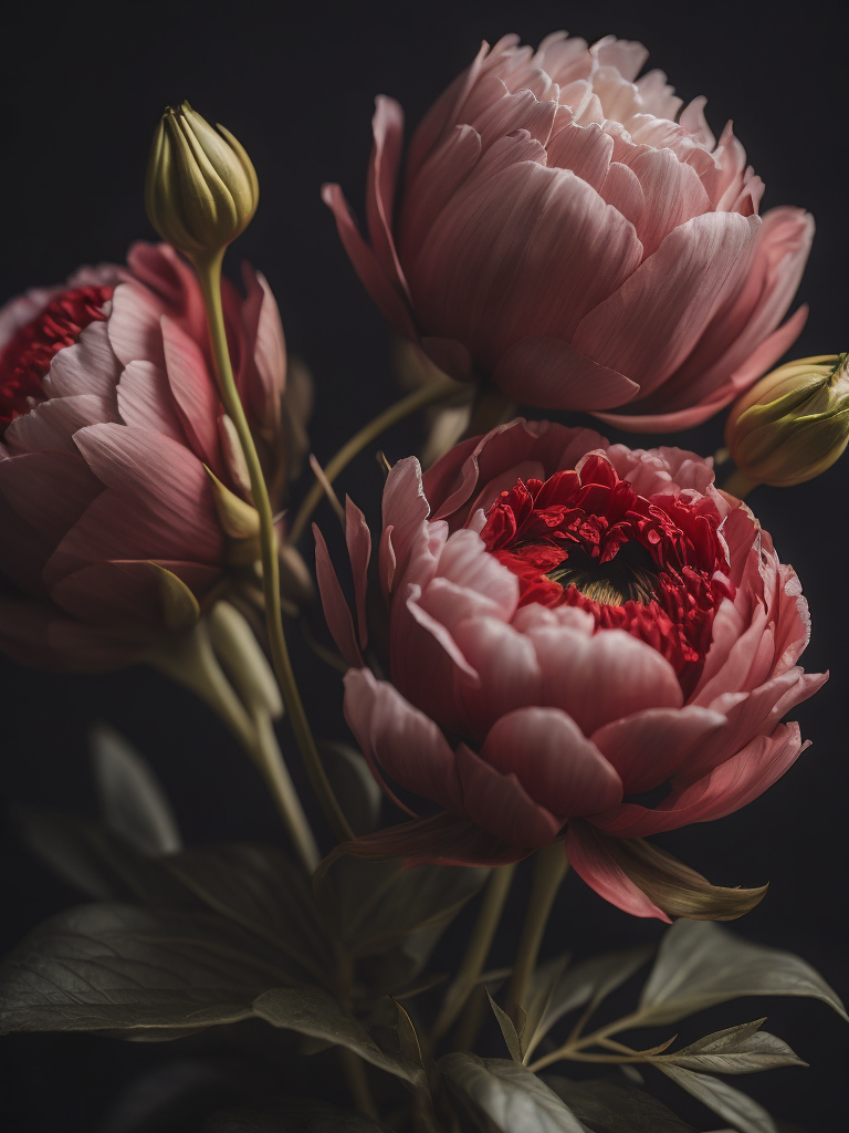 beautifully red peonys, bright and natural colors, elegant, highly detailed, sharp focus, bright expressive, incredibly high detailed, with black background