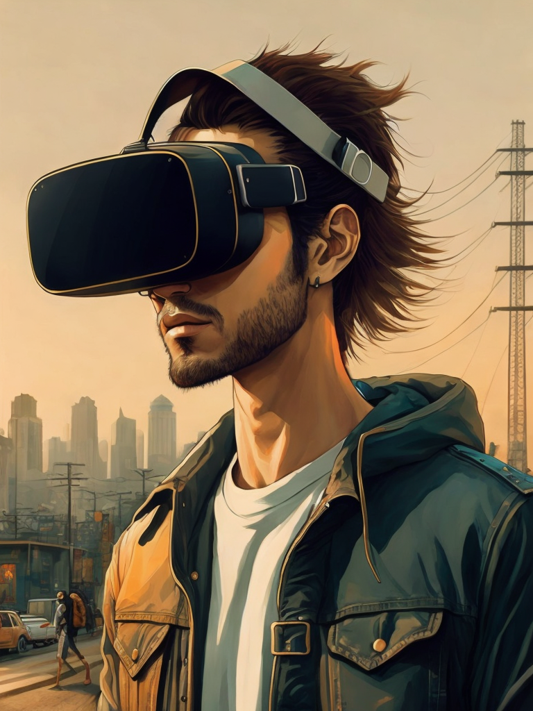 Vintage 90's anime style. a lonely men wearing a virtual reality headset walking in the street