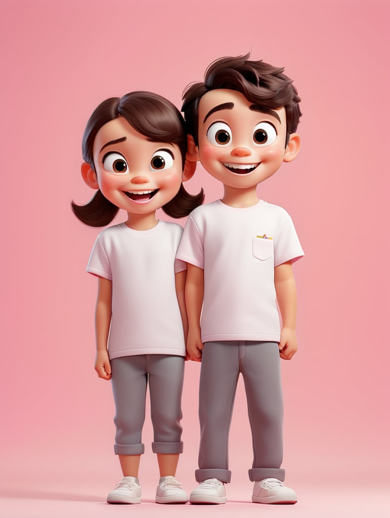 a Little boy and girl wearing white t-shirts, standing in front of pink background, blank shirts no print, 3 years old smiling toddlers, photo for apparel mock-up