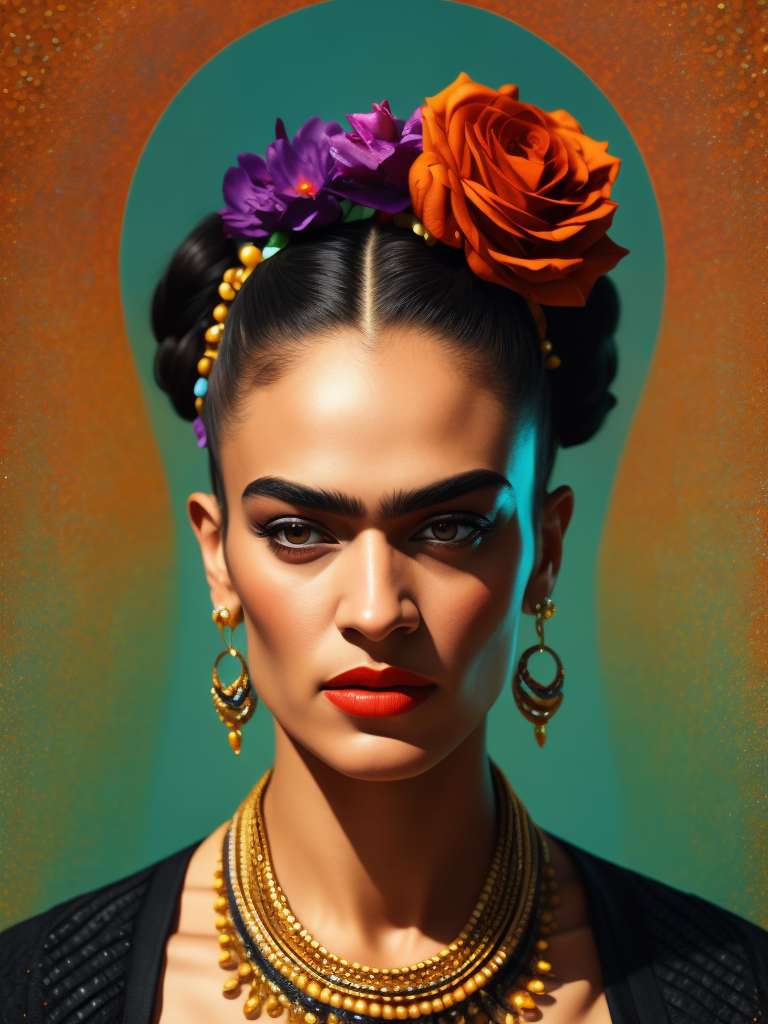 Portrait of Frida Kahlo, bright and saturated colors, elegant, highly detailed, vogue, fashion magazine, sharp focus, bright expressive makeup, dramatic lighting, depth of field, incredibly high detailed, blurred background